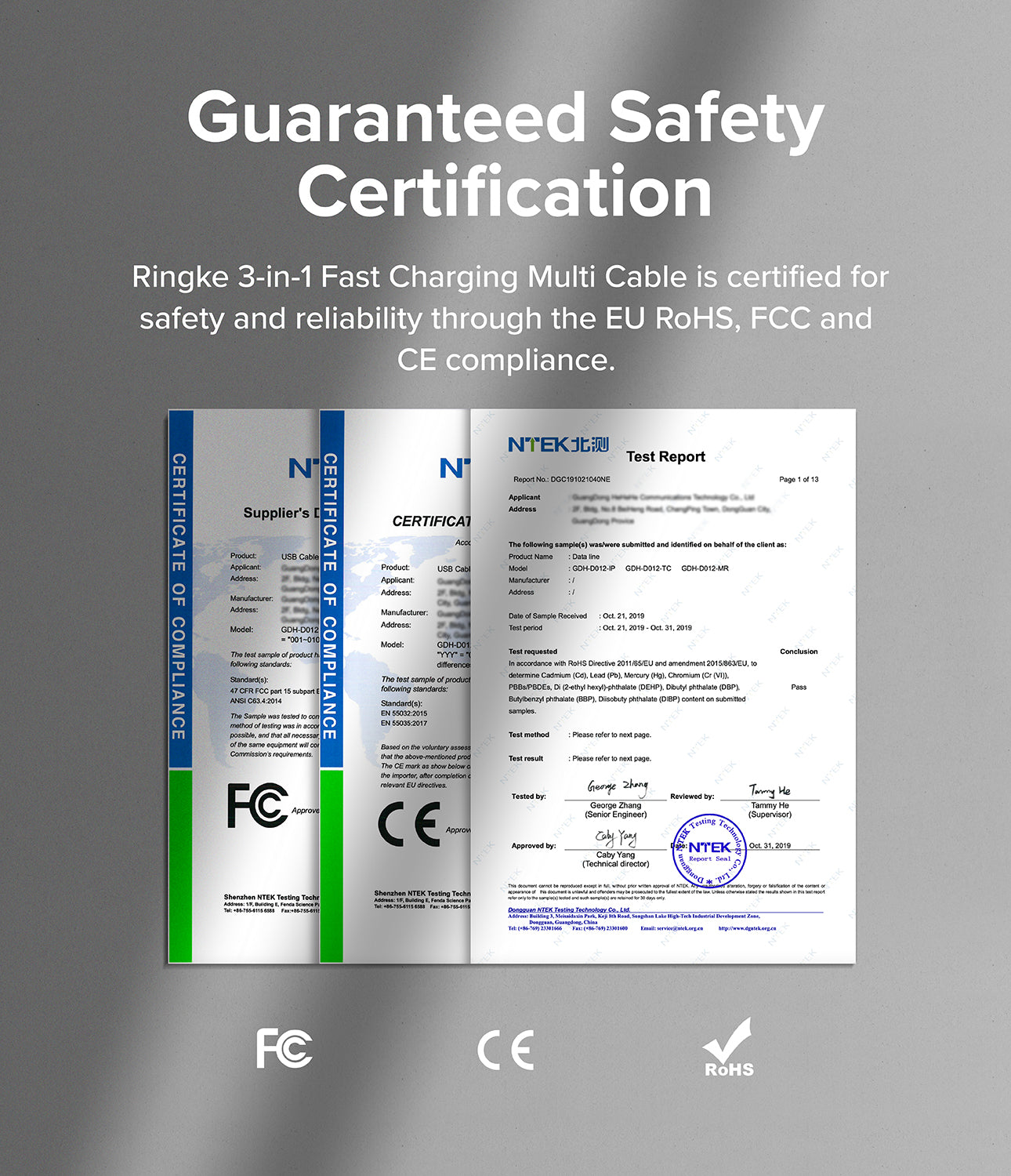 Ringke 3-in-1 Fast Charging Multi Cable - Guaranteed Safety Certification. Ringke 3-in-1 Fast Charging Multi-Cable is certified for safety and reliability through the EU RoHS, FCC and CE compliance.