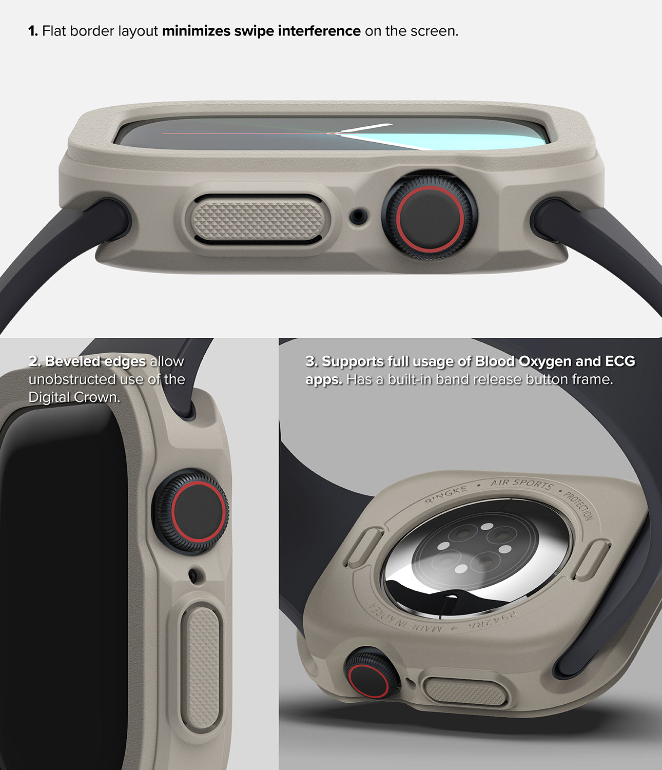 Detailed Designs - minimizes swipe interference, beveled edges, supports full usage of blood oxygen and ECG apps