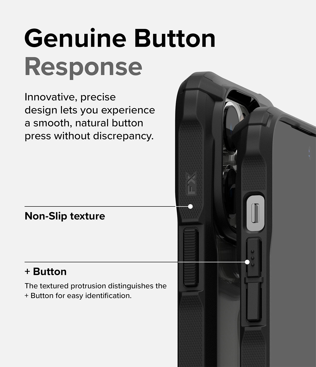 iPhone 14 Pro Max Case | Fusion-X - Black - Genuine Button Response. Innovative, precise design lets you experience a smooth, natural button press without discrepancy. Non-Slip texture. + Button. The textured protrusion distinguishes the + Button for easy identification.
