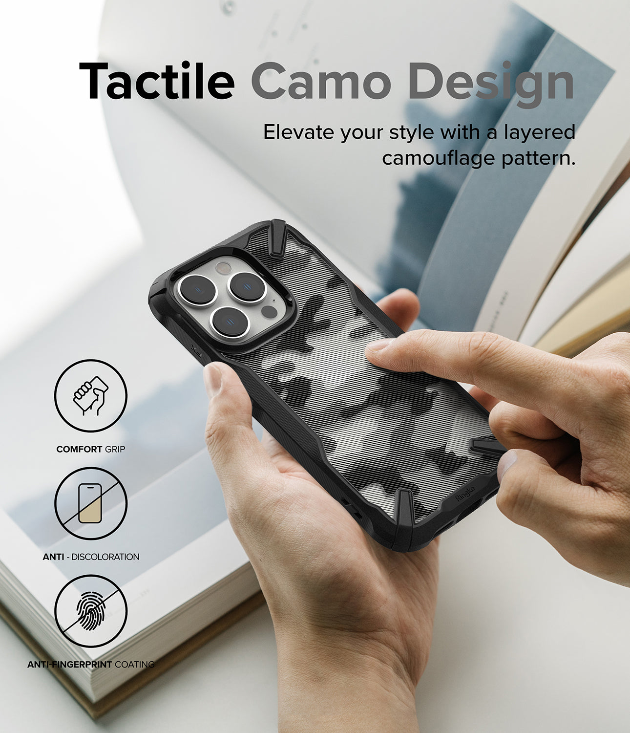 iPhone 14 Pro Max Case | Fusion-X - Camo Black - Tactile Camo Design. Elevate style with a layered camouflage pattern.