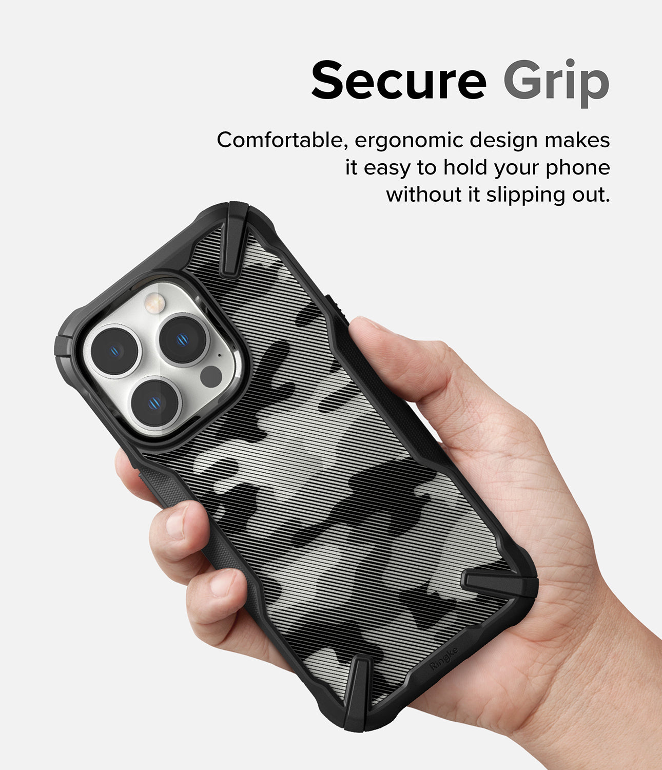 iPhone 14 Pro Max Case | Fusion-X - Camo Black - Secure Grip. Comfortable, ergonomic design makes it easy to hold your phone without it slipping out.