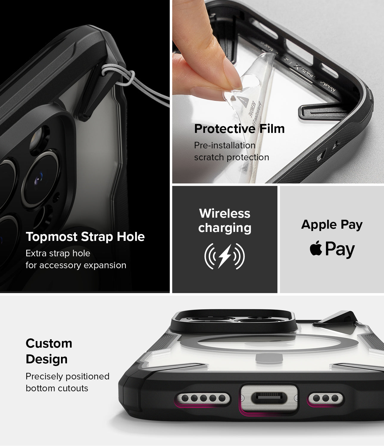 Features - Topmost Strap Hole, Protective Film, Wireless Charging, Apple Pay, Custom Design