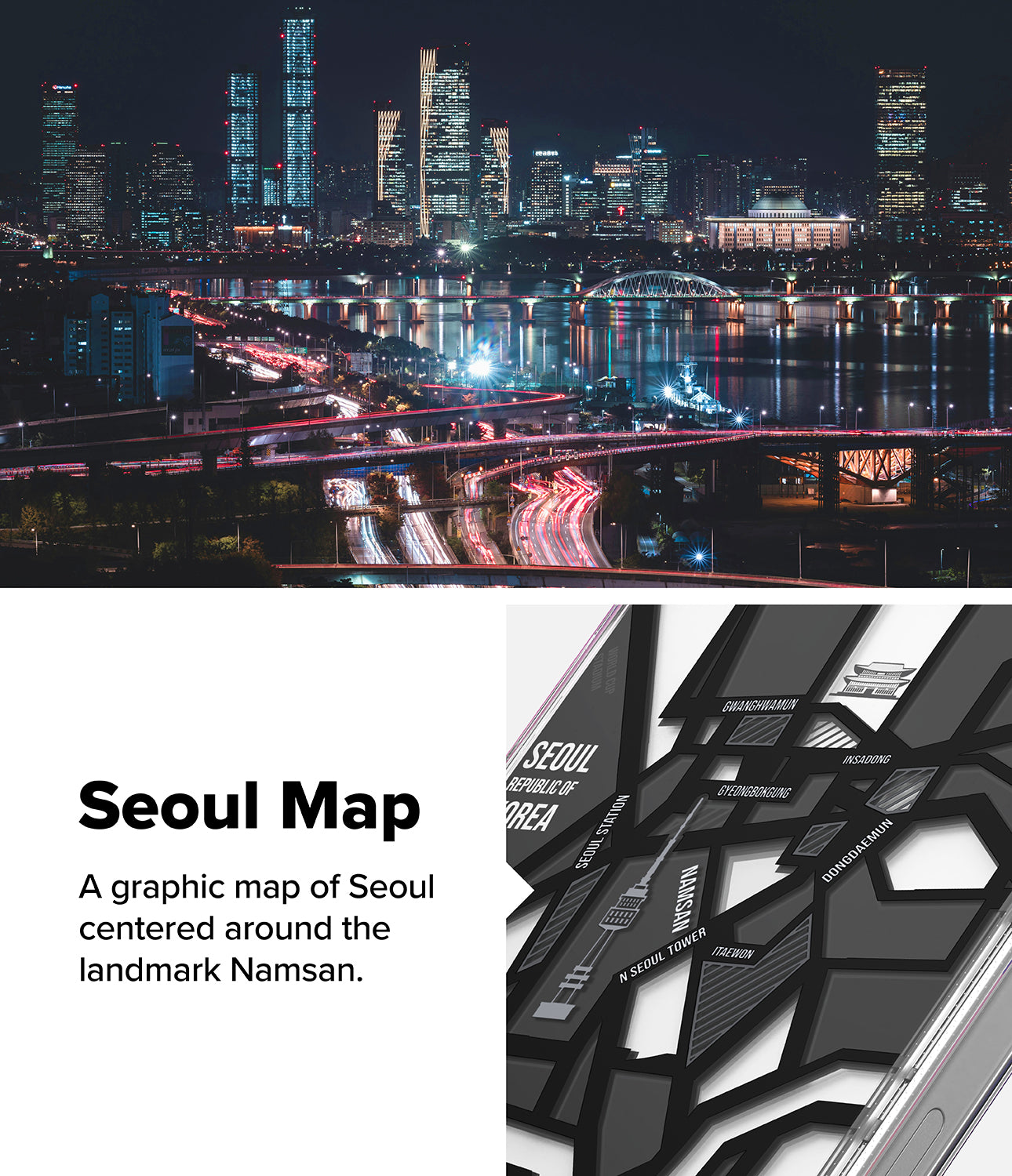 Seoul Map - A graphic map of Seoul centered around the landmark Namsan