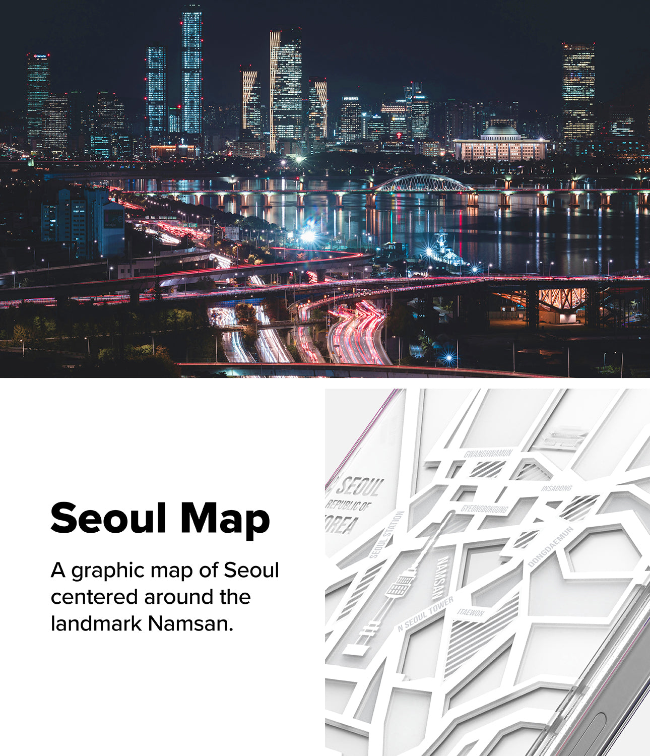 Seoul Map - A graphic map of Seoul centered around the landmark Namsan