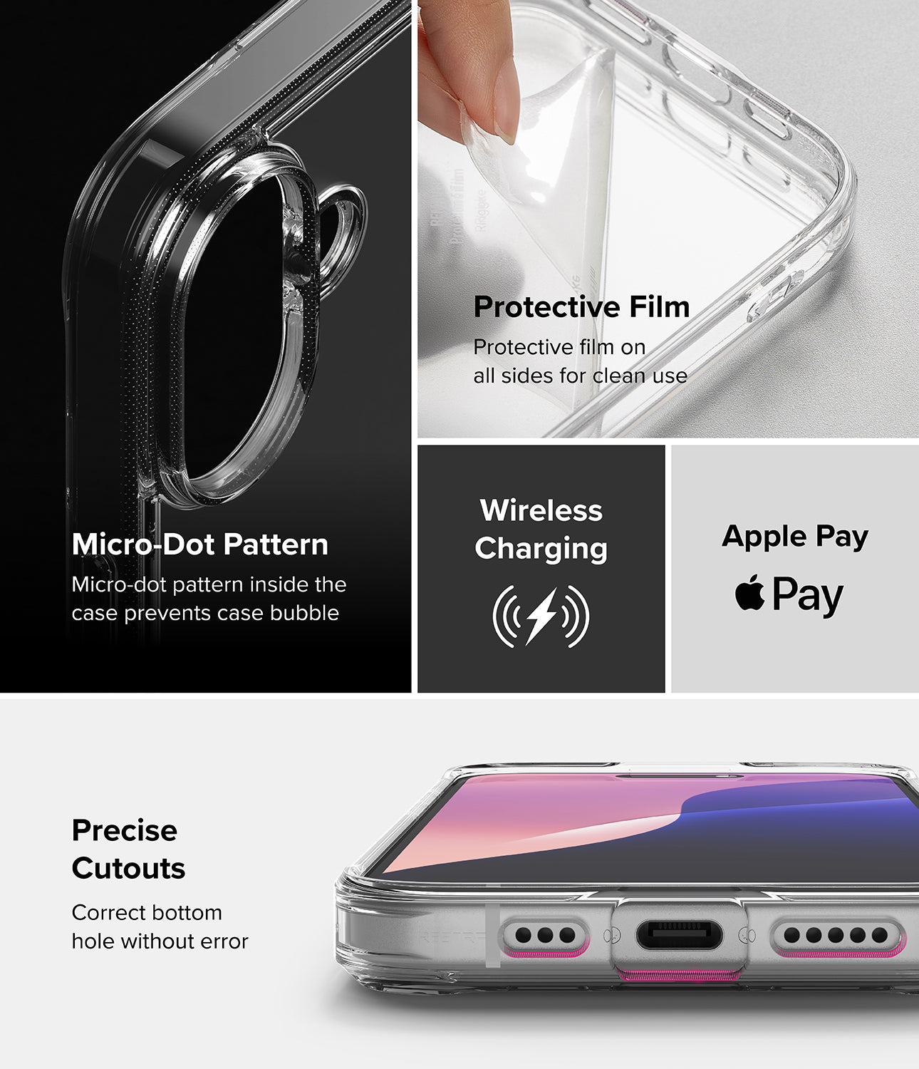 Features - Micro Dot Pattern, Protective Film, Wireless Charging, Apple Pay, Precise Cutouts