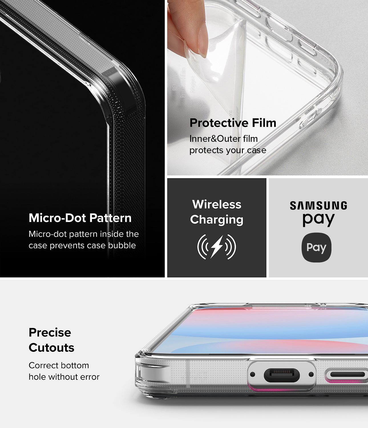 Features | Micro-Dot Pattern, Protective Film, Wireless Charging, Samsung Pay, Precise Cutouts