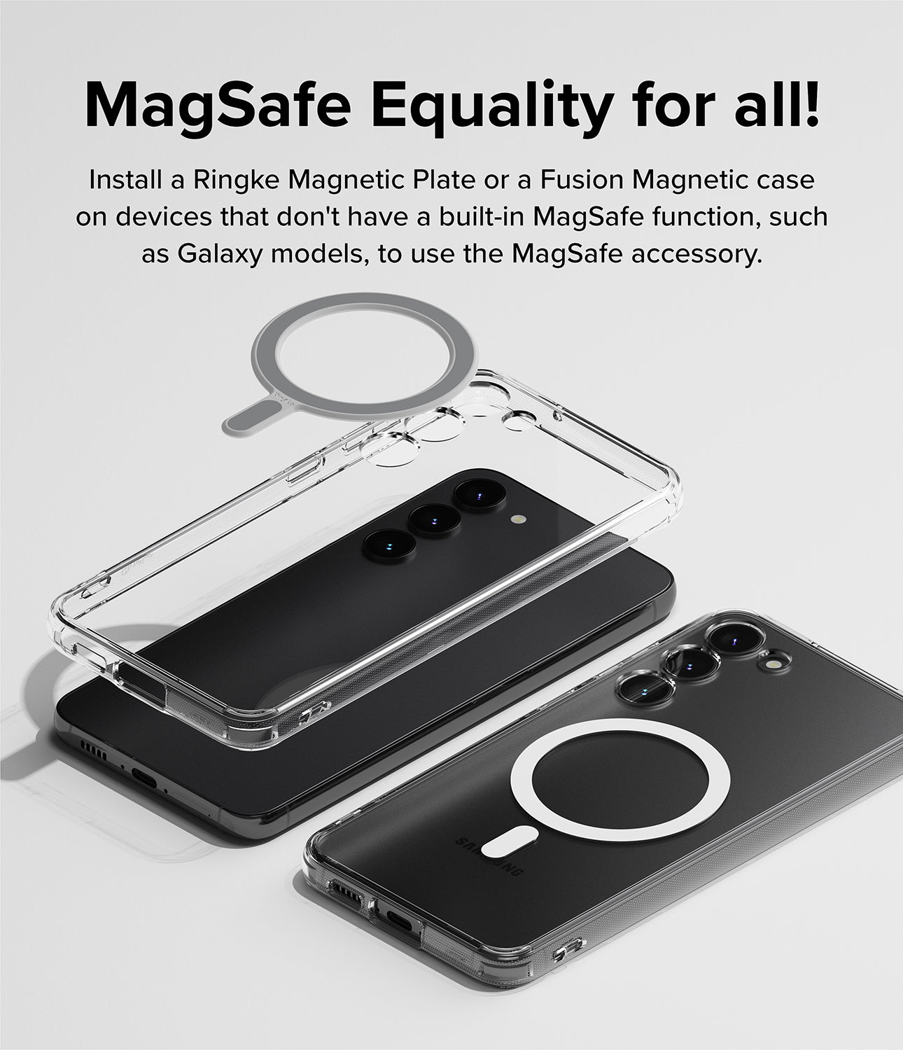 Ringke Stand Grip Magnetic Card Holder Wallet - MagSafe Equality for all! Install Ringke Magnetic Plate or a Fusion Magnetic case on devices that don't have a built-in MagSafe function, such as Galaxy models, to use the MagSafe accessory.