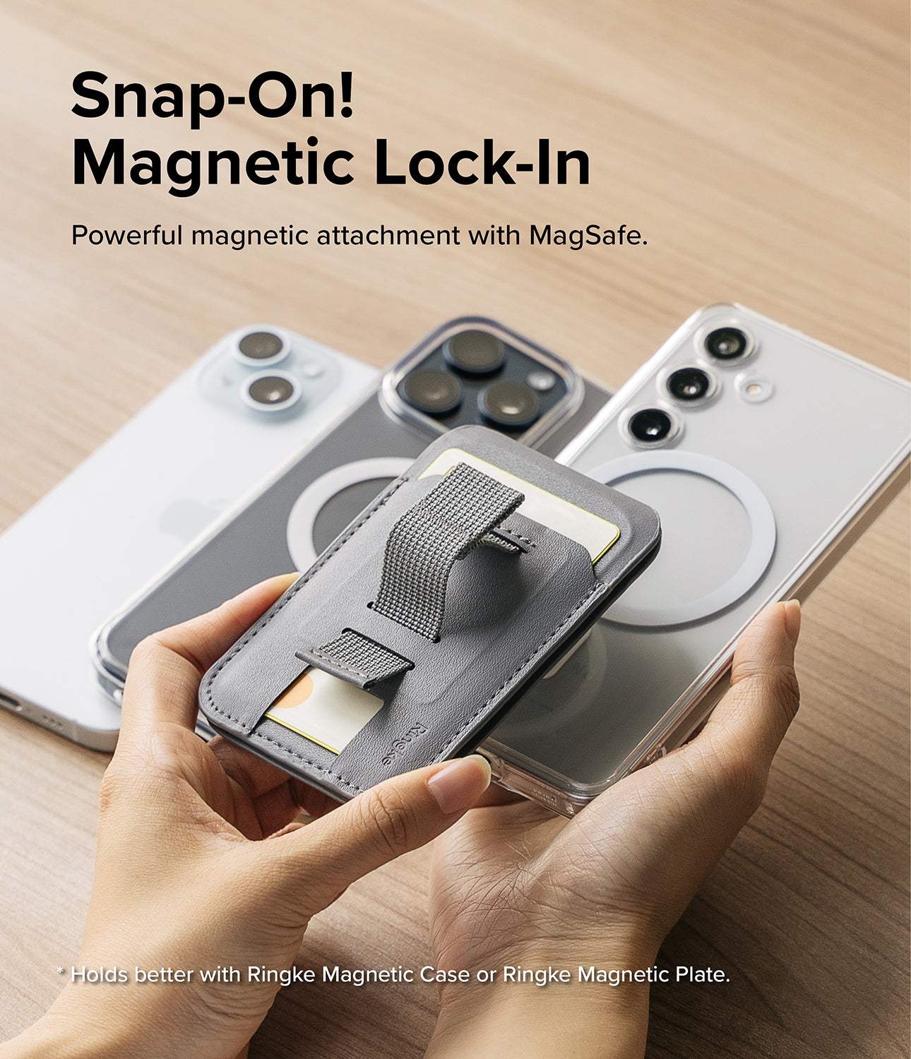 Ringke Stand Grip Magnetic Card Holder Wallet - Snap-On! Magnetic Lock-In. Powerful magnetic attachment with MagSafe.
